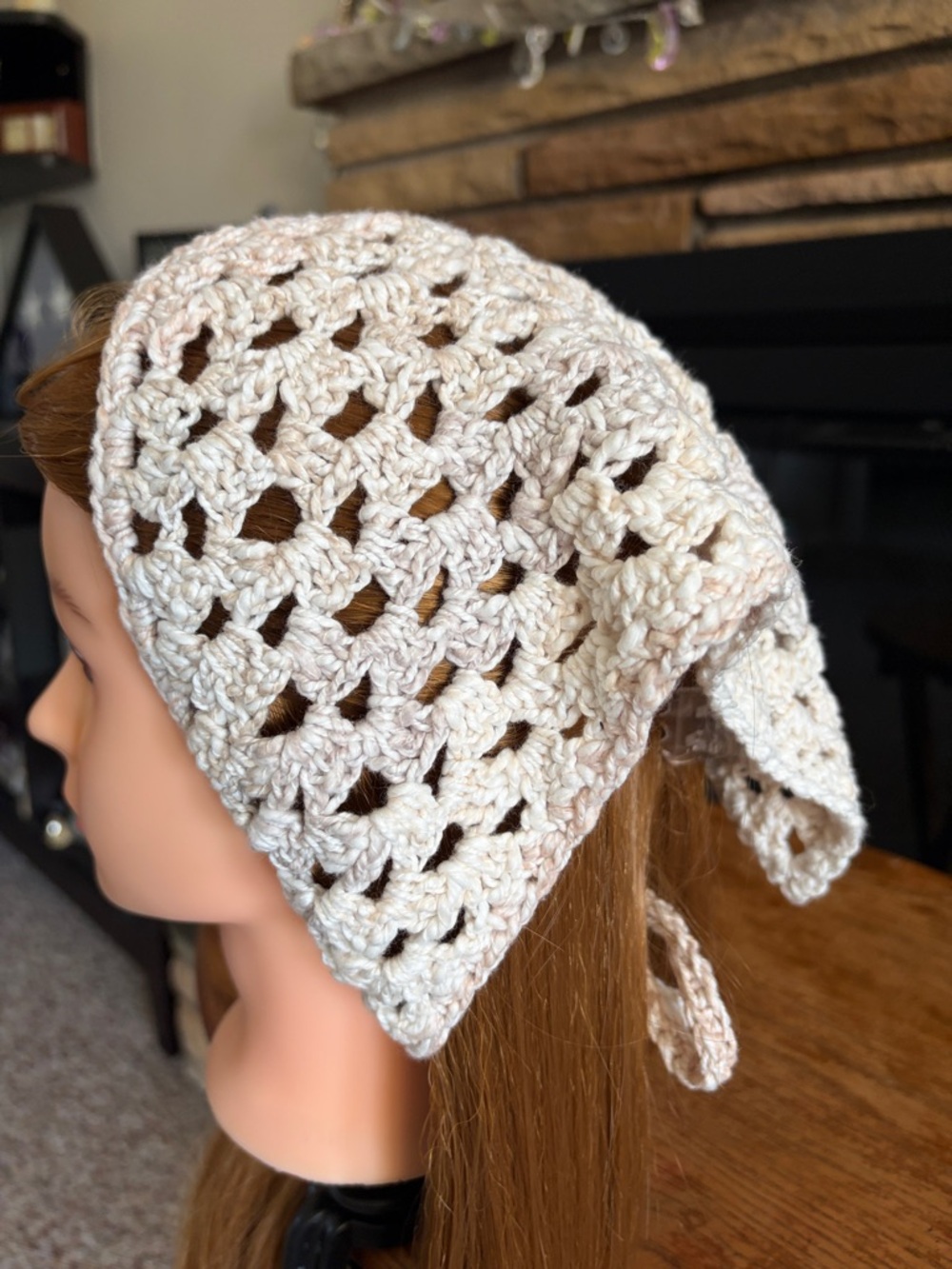 Handmade Crochet Triangle Hair Scarf - Cream - Picture 4 of 6